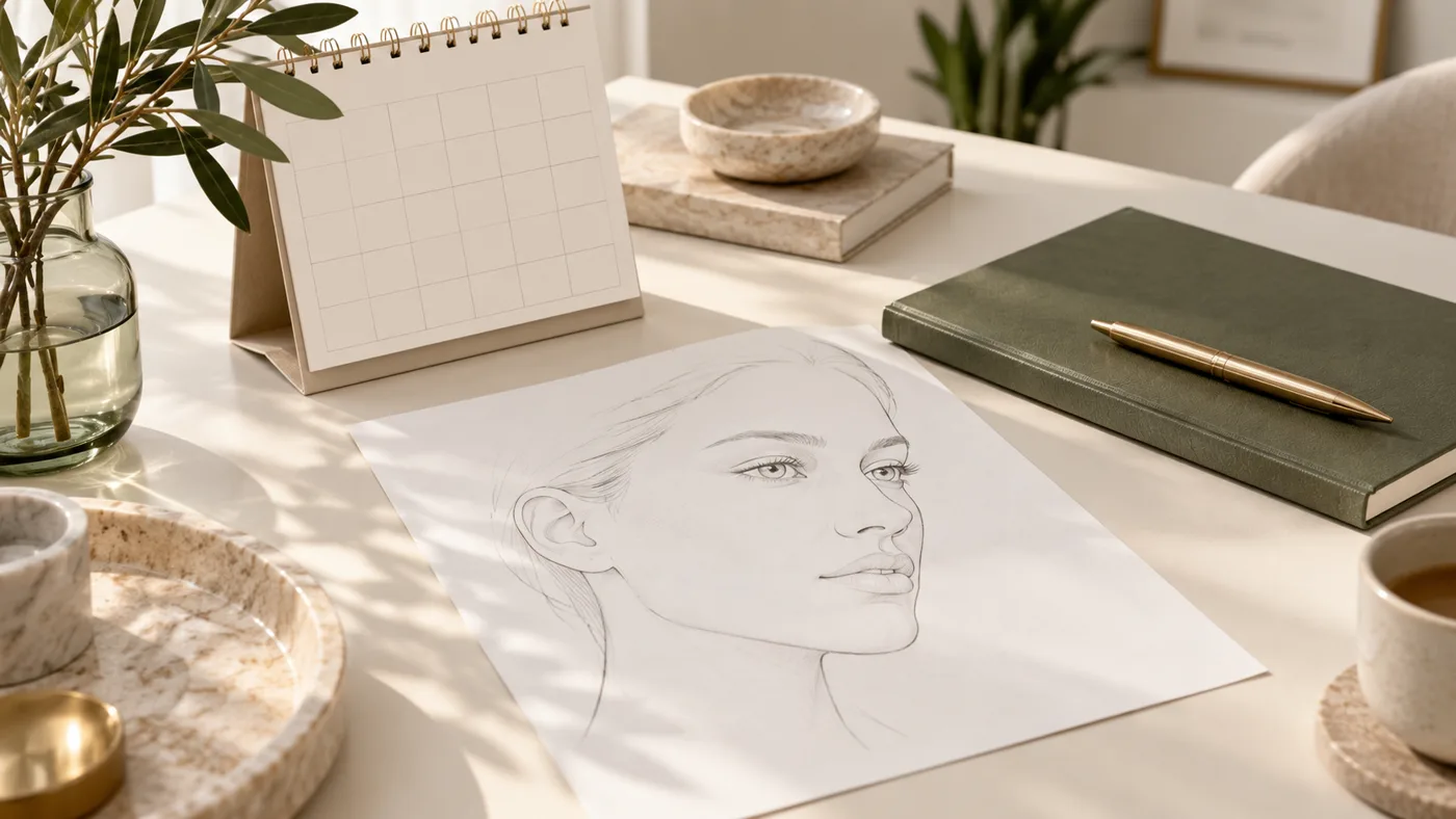 Imagem editorial de uma mesa de planejamento com desenho facial e calendário sem dados pessoais.